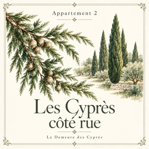 Branches de cyprès avec cônes et paysage méditerranéen pour l'Appartement 2 à La Demeure des Cyprès, Alençon