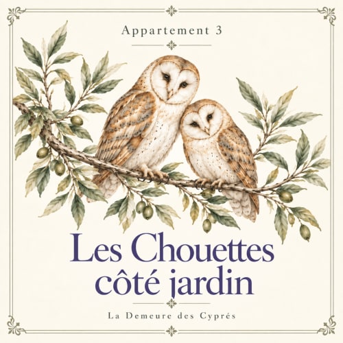 Deux chouettes effraies perchées sur une branche d'olivier, Appartement 3 à La Demeure des Cyprès à Alençon, France