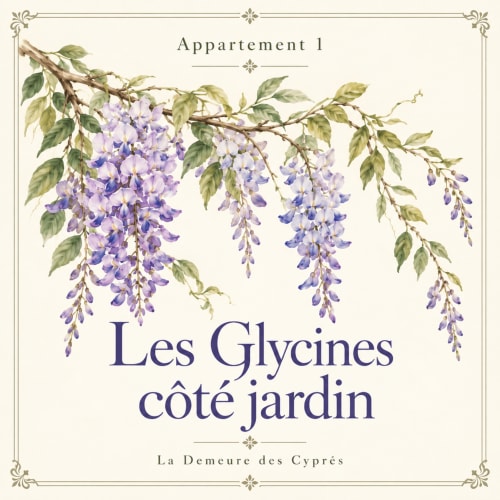 Glycine aux teintes violettes retombant des branches avec feuilles vertes à La Demeure des Cyprès, Alençon