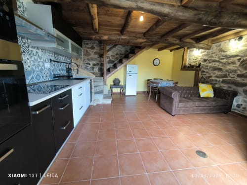 Cocina y sala de estar diáfanas en el apartamento Alburiñas de Bikarte Alojamientos, Ribeira Sacra