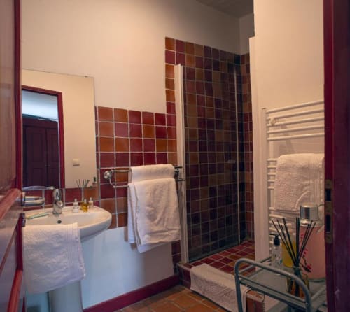 Salle de bain moderne avec carrelage bordeau, lavabo sur piédestal et douche à l'italienne au Clos des Amandiers, Provence
