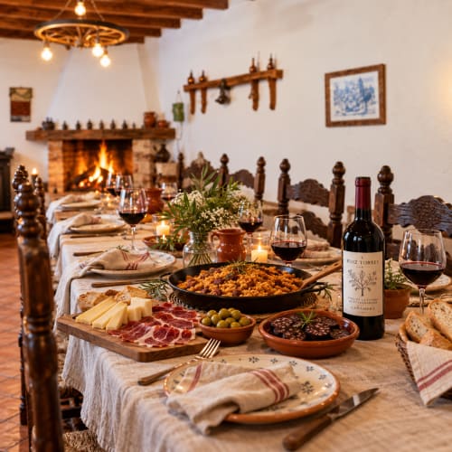 Elegante comedor español con chimenea, tabla de tapas, vino y decoración rústica en villa El descanso del peregrino