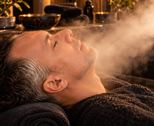 Man relaxing in hot thermal bath at Jardin Sakina spa in Marrakech with steam rising