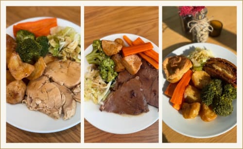 Three plated meals at Star Inn B&B featuring roasted meats, potatoes, broccoli and carrots