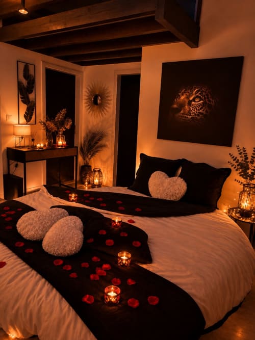 Chambre romantique aux bougies, pétales de roses et coussins moelleux à la Villa UKIYO à Biscarrosse
