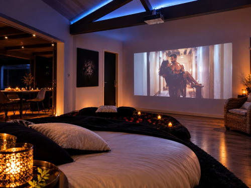 Salle de cinéma luxueuse avec projecteur, sièges confortables, éclairage ambiant et film à l'écran aux Villas Aux