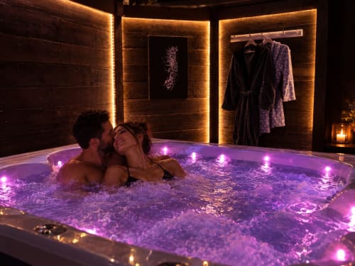 Couple se relaxant dans un jacuzzi illuminé violet avec éclairage ambiant aux Villas Aux Portes De L'océan à Biscarrosse