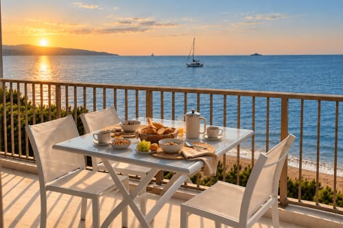 Petit-déjeuner à l'aube sur la terrasse en bord de mer du Fettolina, appartement Palm Beach à Cannes avec vue sur les voiliers