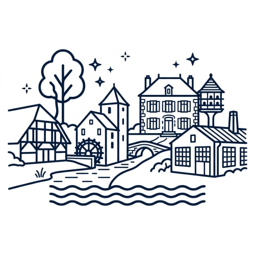 Illustration d'un village médiéval avec châteaux, moulin à eau et arbre pour Vindihouses - Le Domaine Des Ducs B&B à Epinac, France
