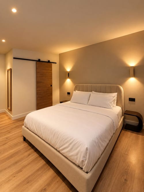 Moderna habitación doble en Tinto Dreams Hostel de Haro con iluminación ambiental, cama crema, suelo de madera y puerta granero corredera