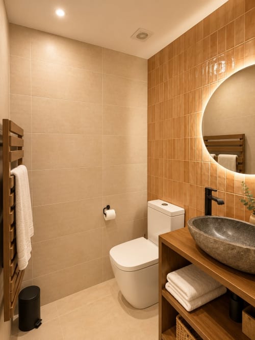 Baño moderno del Hostal Tinto Dreams en Haro con baldosas de terracota, lavamano de piedra, espejo redondo y tocador de madera