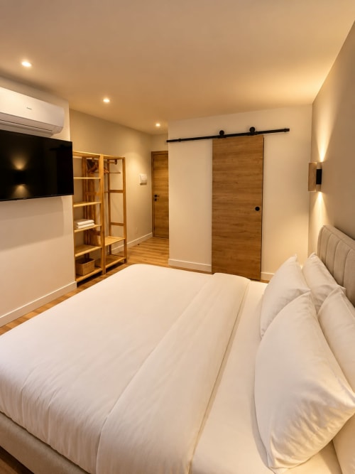 Dormitorio doble moderno en Tinto Dreams Hostel de Haro con cama, televisor de pantalla plana, puerta de granero de madera e iluminación ambiental