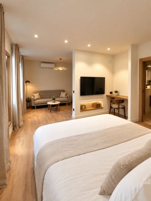 Suite Deluxe del Hostel Tinto Dreams con cama, sala de estar, TV, escritorio y balcón en Haro