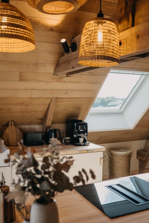 Cozy attic suite at Le Clos d'Omaha with wicker pendant lights, wooden beams, kitchenette, and skylight garden view