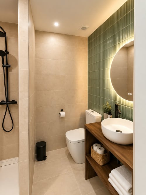 Baño moderno en el Hostal Tinto Dreams Haro con espejo iluminado, lavabo blanco, inodoro y zona de ducha