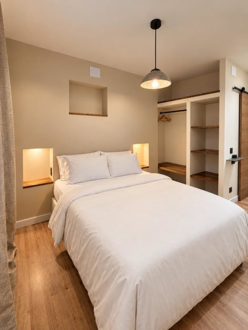 Moderno dormitorio doble en Tinto Dreams Hostel de Haro con ropa de cama blanca, iluminación colgante, estanterías empotradas y madera