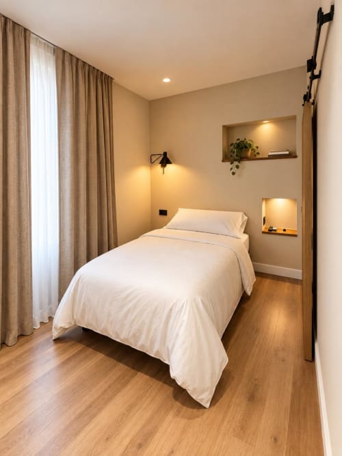 Habitación moderna en Tinto Dreams Hostel de Haro con cama blanca, suelo de madera y vistas a la ciudad desde el balcón