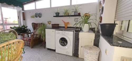 Lavadero del apartamento Casa Amma con lavadora, secadora, plantas en maceta y estanterías de almacenamiento en Monforte de Lemos