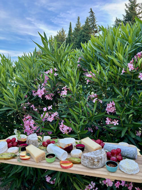 Plateau de fromages artisanaux et charcuterie avec raisins rouges parmi les fleurs roses à La Petite Plaine, Clansayes