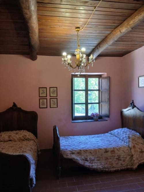 Camera rustica con letti gemelli, travi a vista, muri rosa e vista sul giardino - Villa Antico Belvedere a Pieve Fosciana