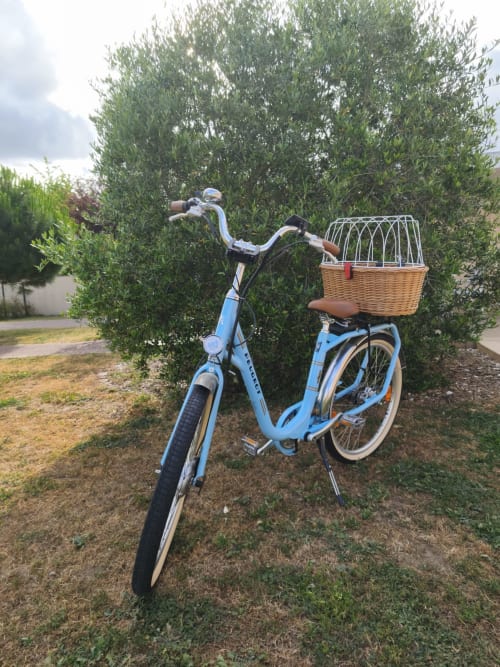 Vélo vintage bleu clair avec panier en osier dans le jardin du Clos d'Émilie, Saint-Marcel