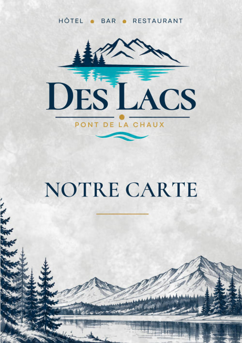 Couverture de menu Hôtel des Lacs montrant un paysage alpin avec montagnes, forêt et lac en bleu marine et turquoise
