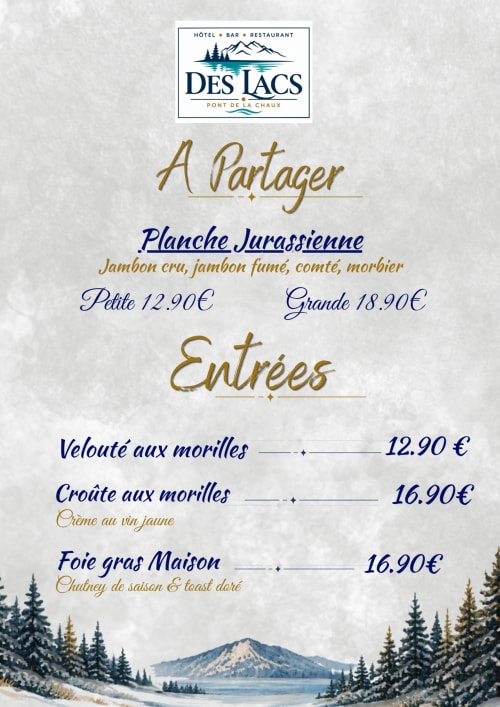 Menu de l'Hôtel des Lacs : plateau de jambon jurassien et amuse-bouches avec vue sur les lacs alpins