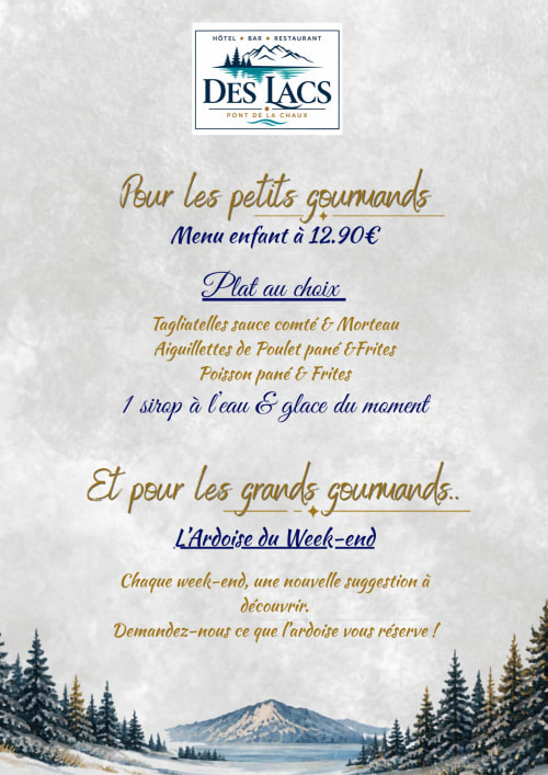 Menu enfants Hôtel des Lacs à 12,90€ avec tagliatelle, poulet, poisson et glace