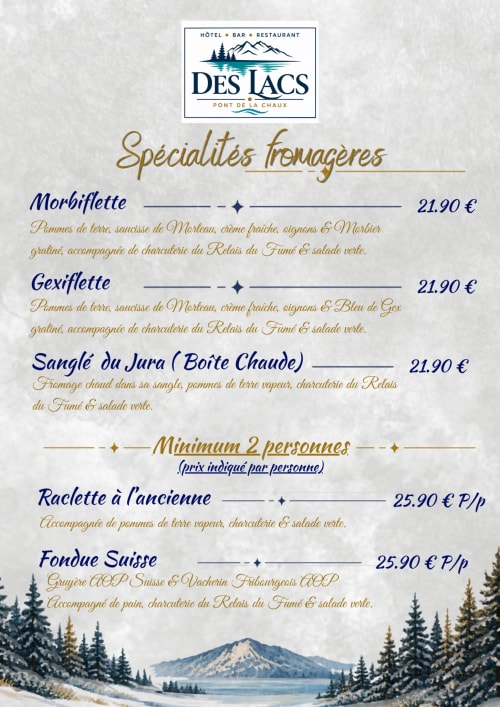 Menu des spécialités fromagères de l'hôtel Des Lacs : Morbiflette, Gexiflette et fondue à Pont-de-la-Chaux