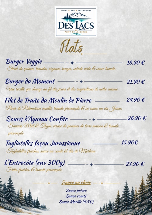 Menu du restaurant Des Lacs : burgers, poisson et pâtes à l'Hôtel des Lacs de Pont-de-la-Chaux