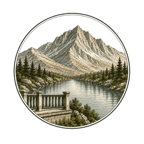 Terraza de piedra con vistas al lago de montaña, picos y bosque en Alojamientos Montaña Leonesa, Cofiñal