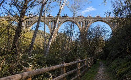 Viaducto histórico de piedra con arcos enmarcados por árboles cerca de El descanso del peregrino en Guadalupe, Cáceres