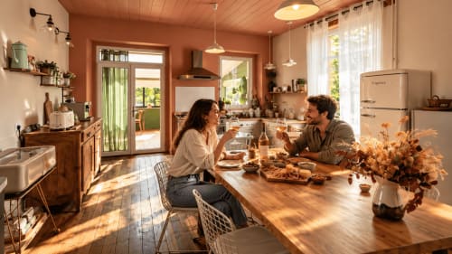 Couple dînant dans la cuisine rustique chaleureuse de La Maison 1903 B&B, Trévou-Tréguignec, avec table en bois et réfrigérateur Frigidaire vintage