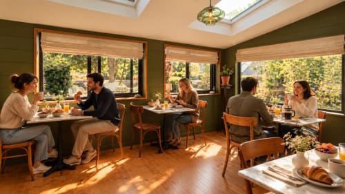 Salle à manger lumineuse à La Maison 1903 B&B à Trévou-Tréguignec avec des clients aux tables, chaises en bois, grandes fenêtres avec vue