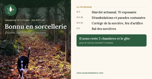 Bonnu en sorcellerie event poster for Aux Prés Du Berry in Chavin, featuring artisan market and witch-themed festivities