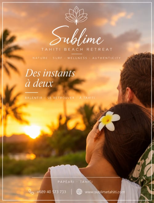 Woman at sunset in Tahiti with white flower, Sublime Beach Retreat promotional image for Papeari
