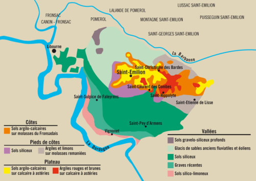 Wine region map of Saint-Émilion showing soil types and appellations around Château Alto Cormeil