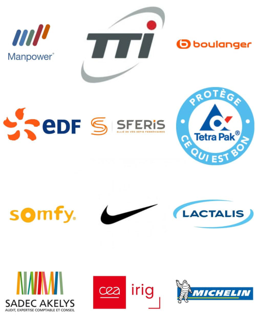 Logos de partenaires : Manpower, TTI, Boulanger, EDF, Sferis, Tetra Pak, Somfy, Nike, Lactalis, Sadec Akelys, Irig, Michelin