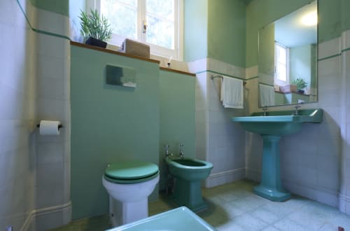 Casa da Lagoa em Furnas: banheiro com parede verde, pia de pedestal, vaso sanitário, bidê e espelho | Stay em São Miguel