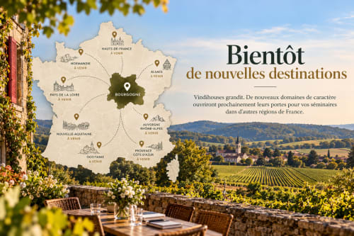 Carte des vignobles français montrant les nouvelles régions viticoles avec terrasse gastronomique surplombant les vignes de Bourgogne à Vindihouses