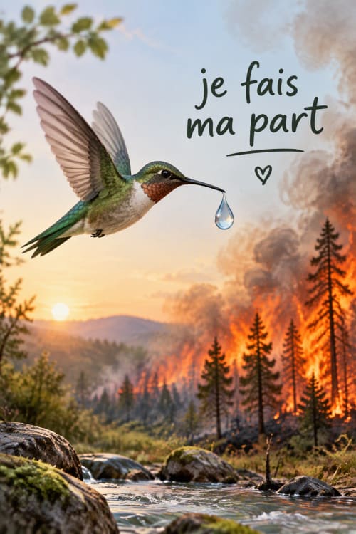 Colibri avec goutte d'eau survolant un paysage forestier ravagé par les flammes, Château de Ribourdin, Chevannes