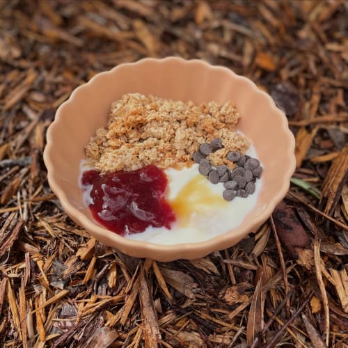 Bol de yaourt gourmand garni de granola, fruits rouges et pépites de chocolat à Le Clos d'Émilie, Saint-Marcel