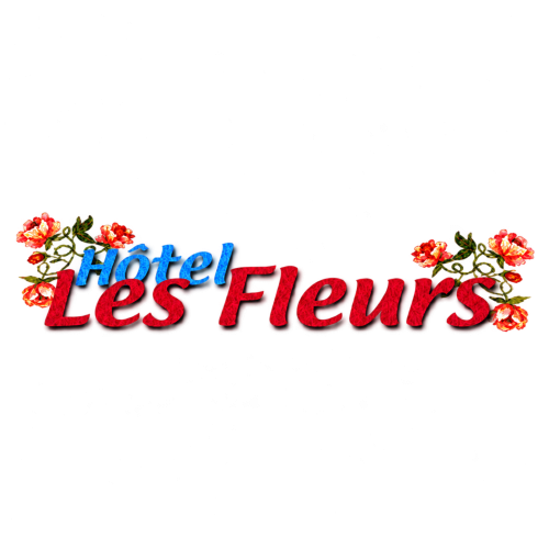 Logo de l'Hôtel Les Fleurs aux textes bleu et rouge entouré de fleurs rouges et jaunes, identité visuelle de cet hôtel de Morzine