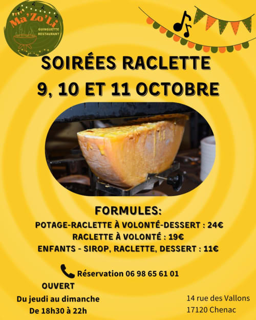 Soirées raclette Ma'Zo'Li 9-11 octobre, menu du restaurant Chenac avec tarifs et modalités de réservation