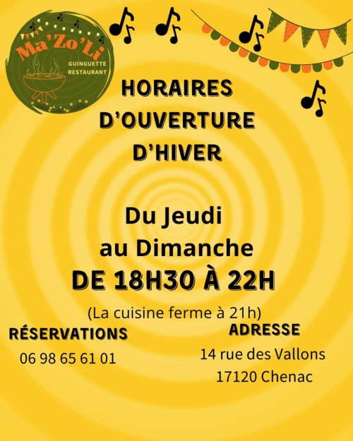 Restaurant Guinguette Ma'Zo'Lé, horaires d'hiver 18h30-22h00, Chénac, Charente