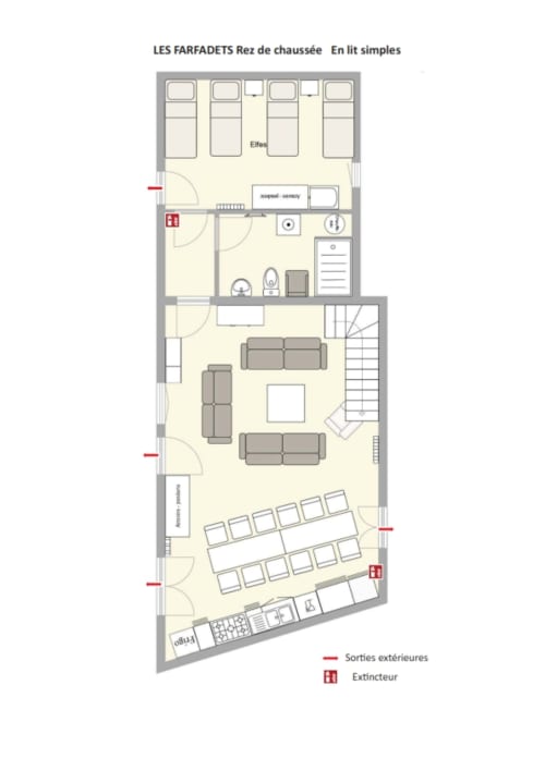 Plan du rez-de-chaussée de La Faerie BnB à Grand'landes avec chambre, salle de bain et espaces de vie