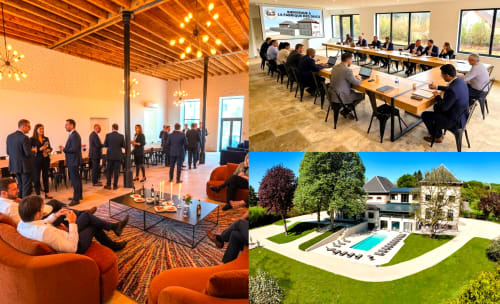 Vindihouses Epinac: elegant meetings, lounge area with orange seating, conference room, and luxury villa with pool