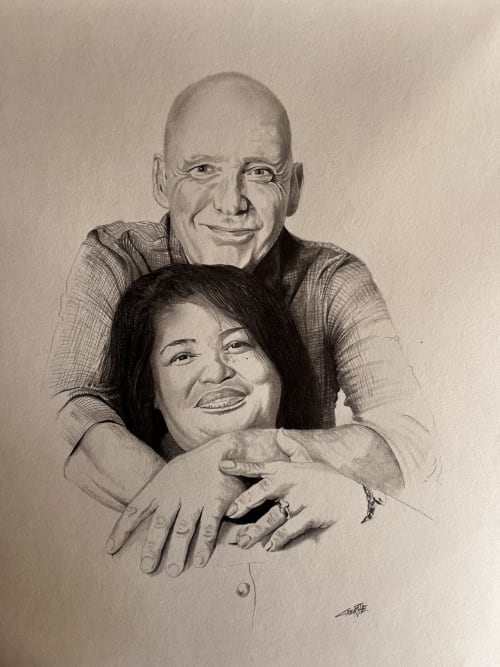 Portrait sketch of couple embracing at Domaine de l'Ocrerie, Pourrain bed and breakfast