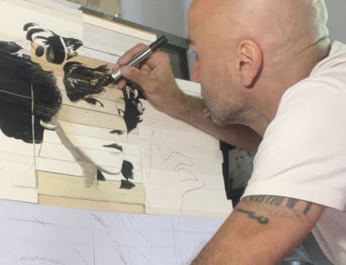 Artist creating a portrait illustration at Domaine de l'Ocrerie, a bed and breakfast in Pourrain, France