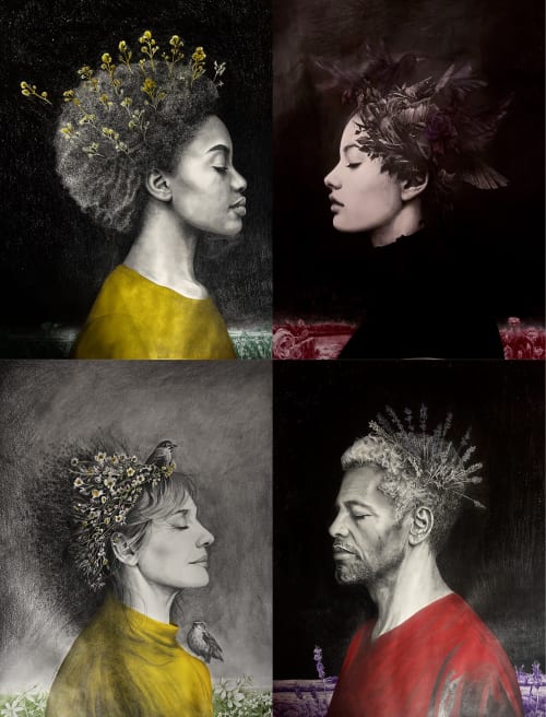 Serie de retratos artísticos con perfiles y coronas florales en Domaine de l'Ocrerie, encantadora casa rural en Pourrain.